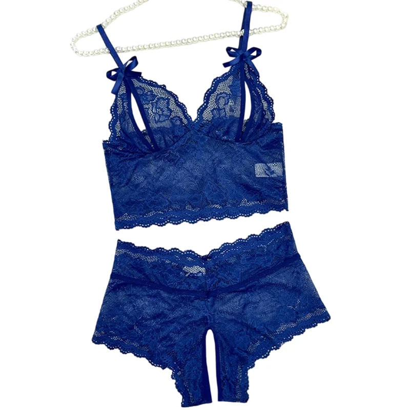 

Sensual Lingerie Transparent Lace Bra Kits Crotchless Female Underwear Set Dark Blue Hollow Exotic Sets Tempation Intimate Goods