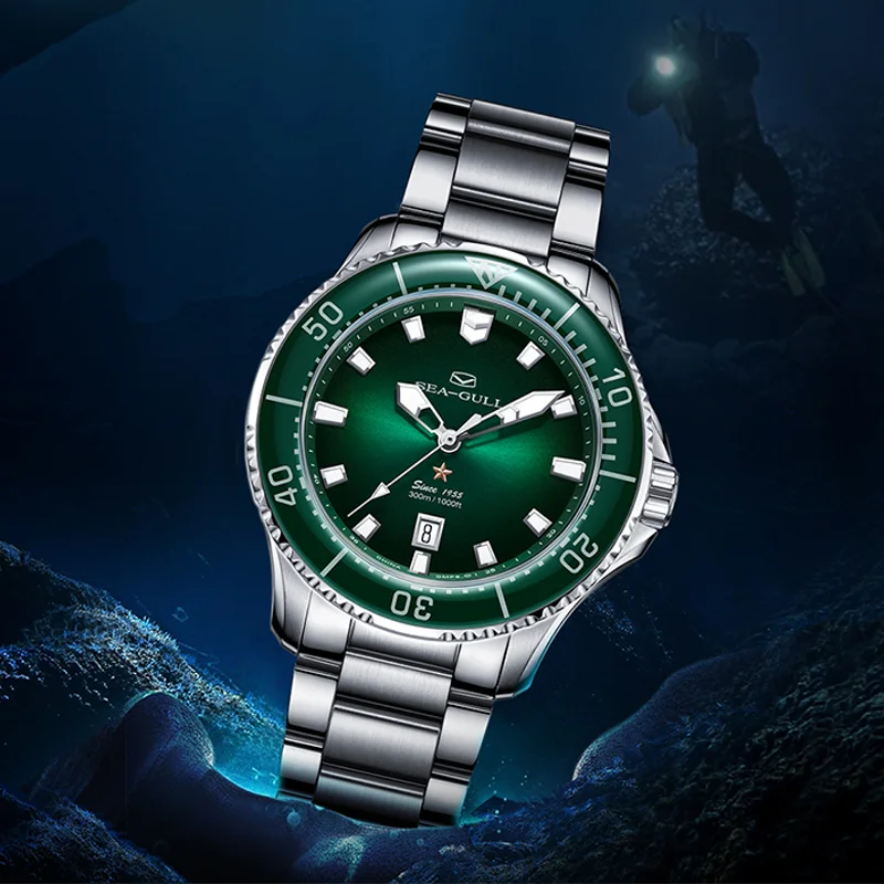 ساعة النورس الرجالية الأوتوماتيكية لف ST2130 300 متر مقاوم للماء الياقوت كريستال مضيئة التقويم ساعات المعصم الميكانيكية 1213 reloj