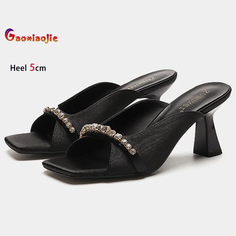 

Black Middle Heels 5cm Women Shoes Slippers Square Toe Chunky Heels Crystal Satin Ladies Pumps Shallow Mouth Slides Casual Shoes