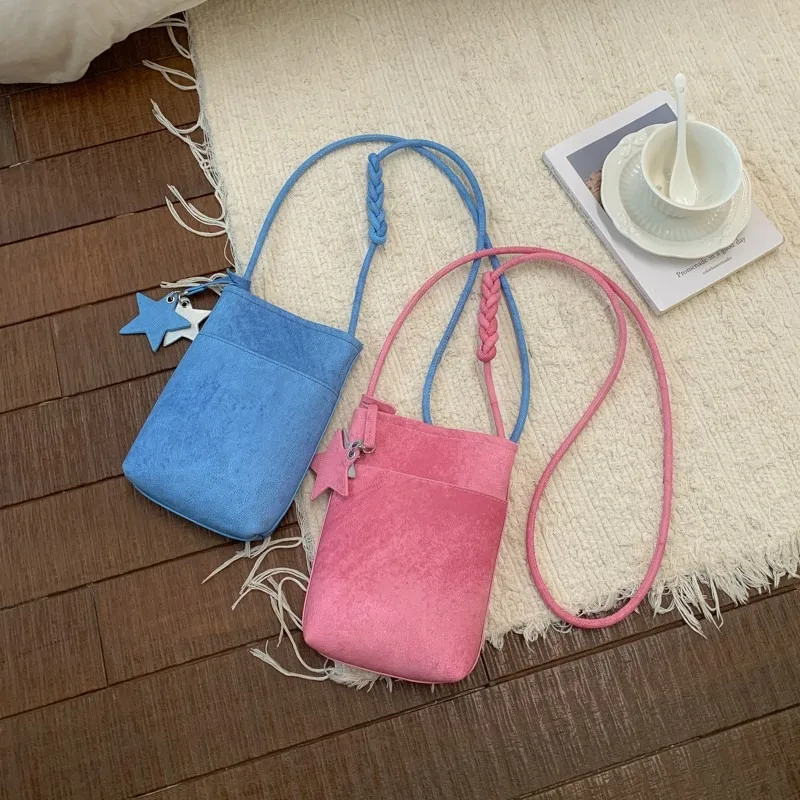 Cute Yellow Mini Bucket Bag with Star Pendant Women's Small Crossbody Shoulder Handbag Summer New Casual Versatile Phone Purse