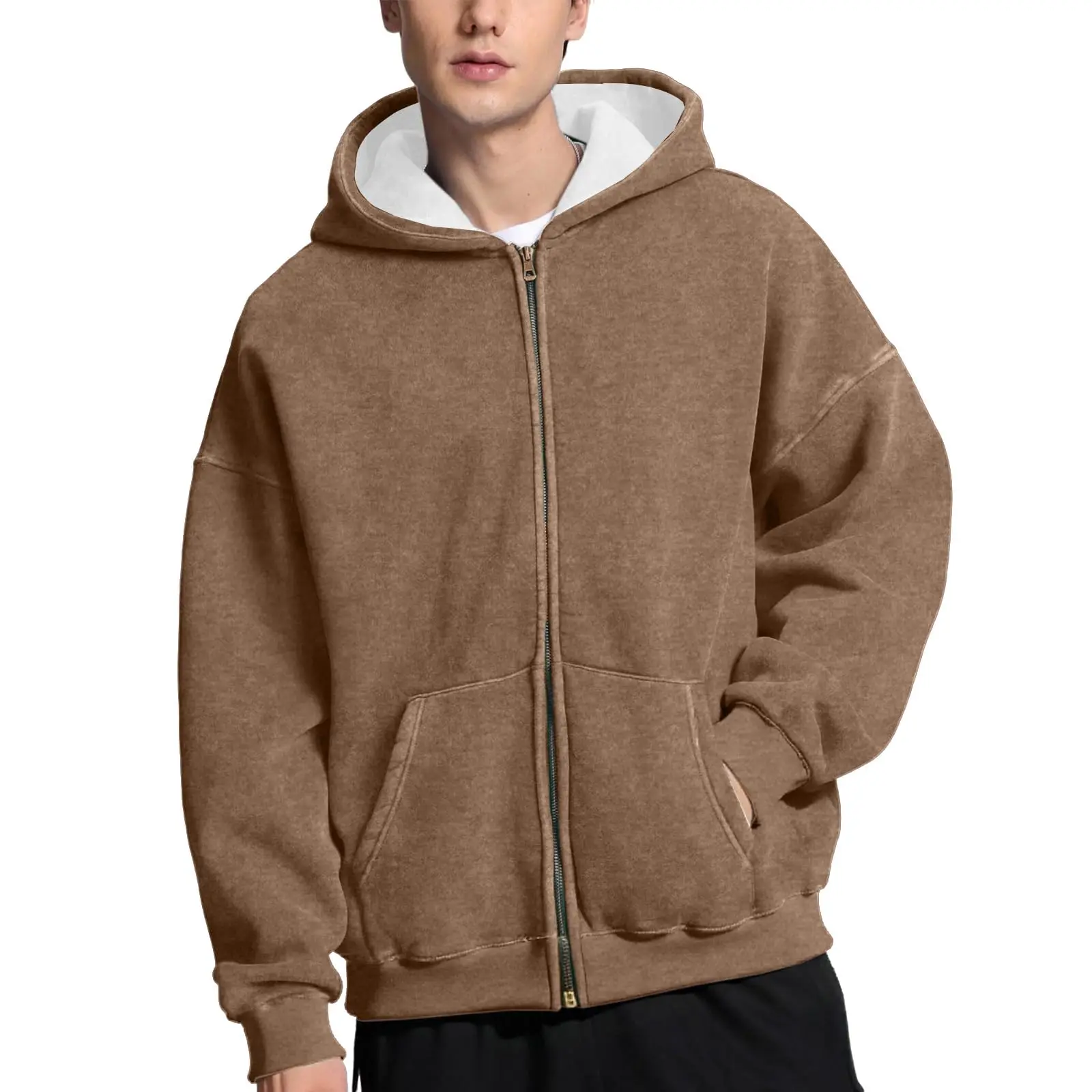 

Spring Autumn New Fahsion Men's Casual Trendy Loose Solid Color Hooded Hoodies American Zipper Washed Vintage Coat Male 2025