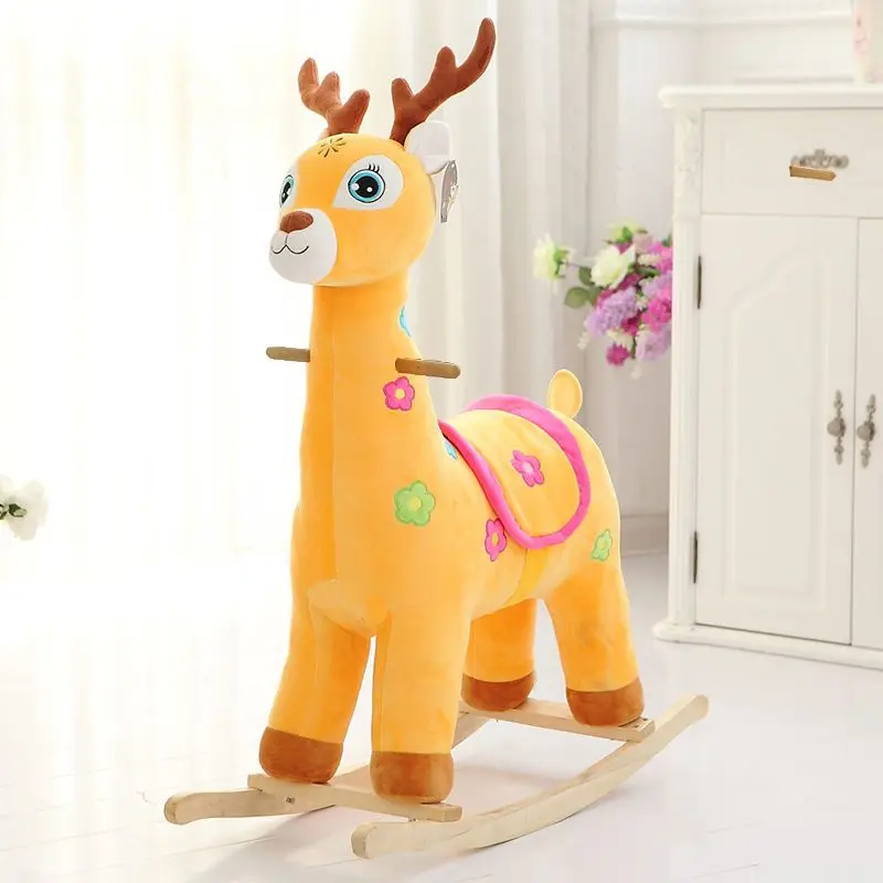 Children\'s Wooden Horse Giraffe Rocking Chair Plush Rocking Horse Toy Baby Gift Adults Can Sit Internet Celebrity Jumping Horse