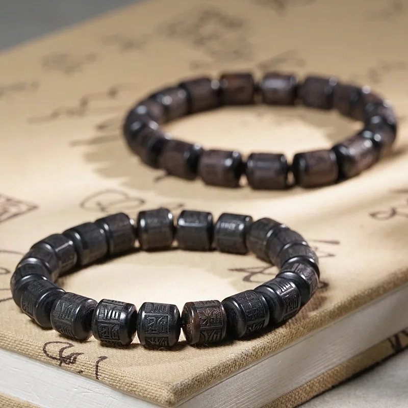 Ebony and Purple Sandalwood Barrel with Six-Syllable Mantra Engraved Buddhist Beads, Wooden Carved Bead Bracelet,