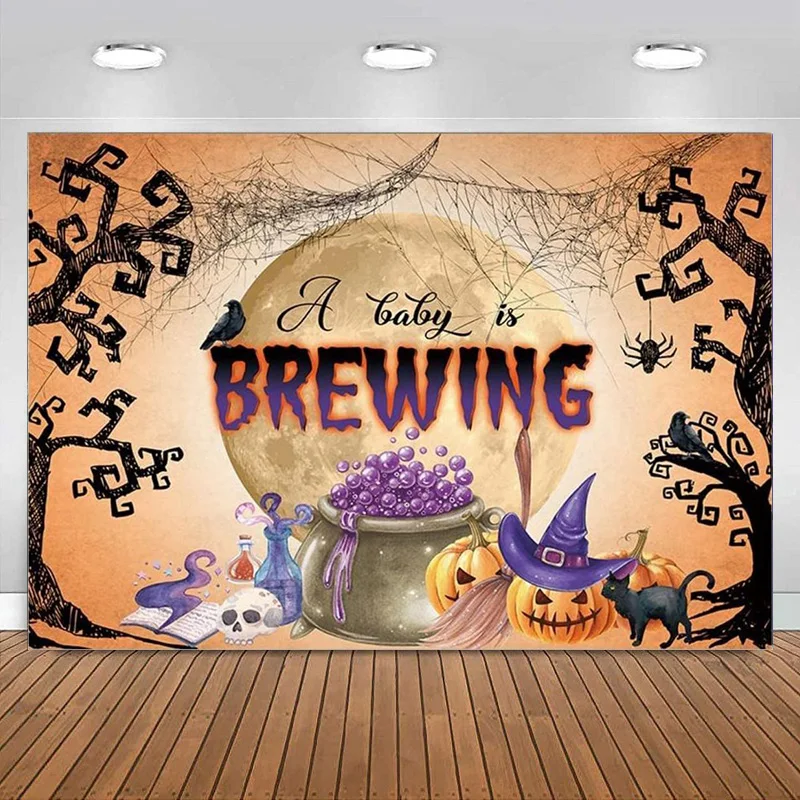 Halloween Pumpkin Backdrop Witch Magic A Baby is Brewing Full Moon Photography Background Party Banner Decorations Photo Props