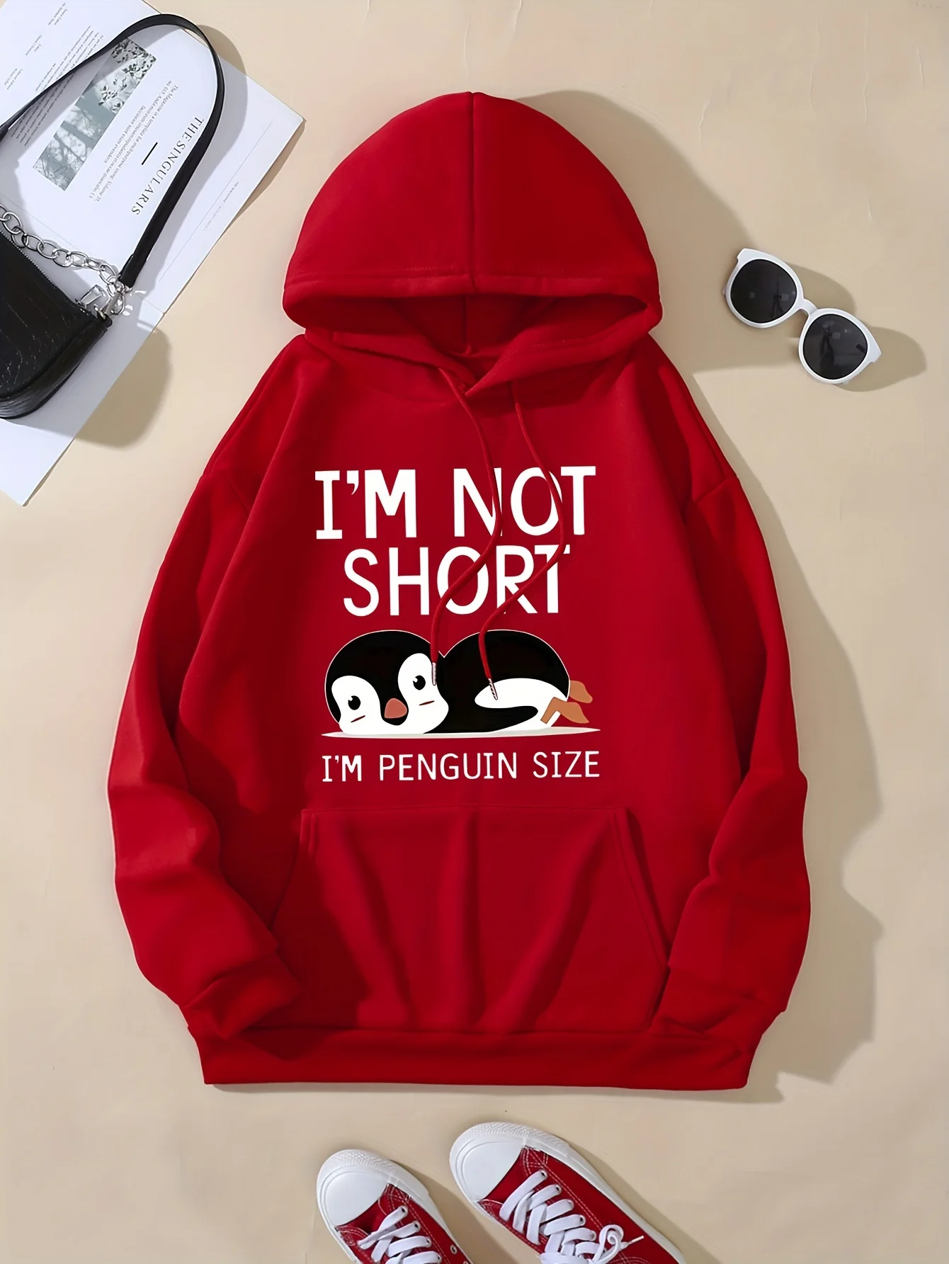 Womens Penguin Print Hoodie with Drawstring - Stylish Casual Sweatshirt featuring Comfy Kangaroo Pocket & Long Sleeves