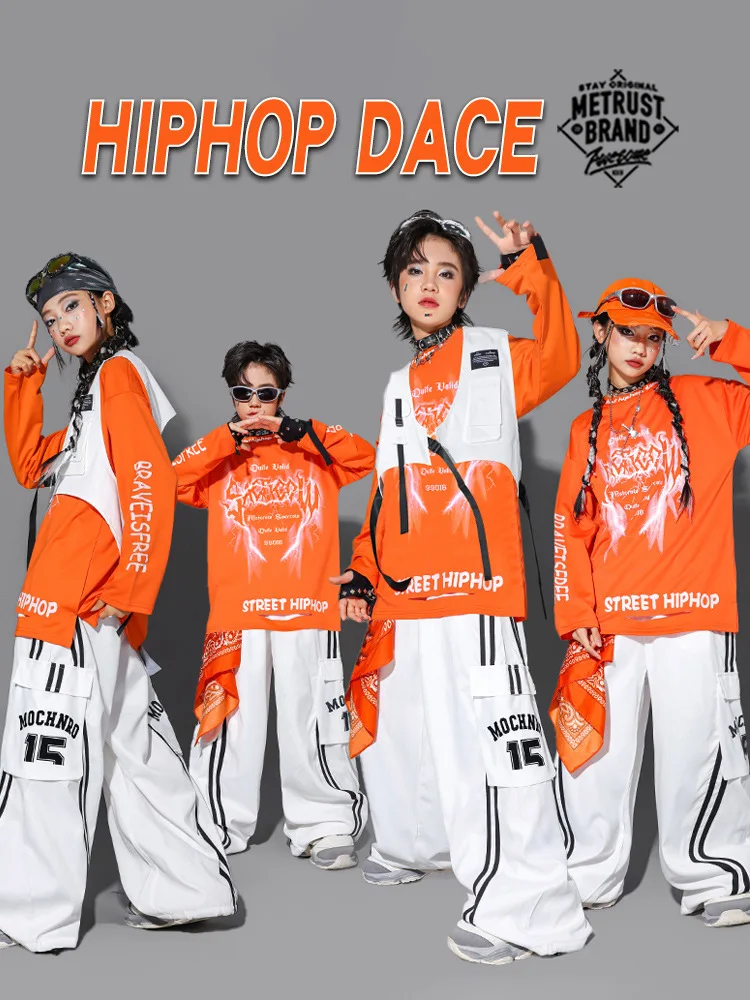 Hip Hop Boys Cool Ripped Sweatshirt Vest Street Dance Cargo Pants Girls K-pop Jazz Costume Children Clothes Set Kid Streetwear
