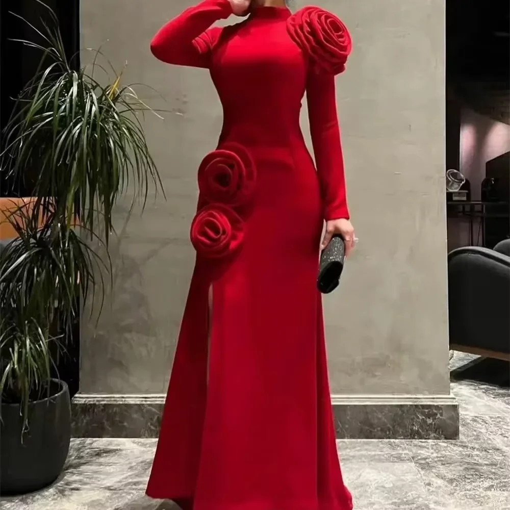

Red Evening Dress for Woman Customized High Neck Long Sleeve Jersey Handmade Flower Slit Mermaid Floor Length Formal Party Dress