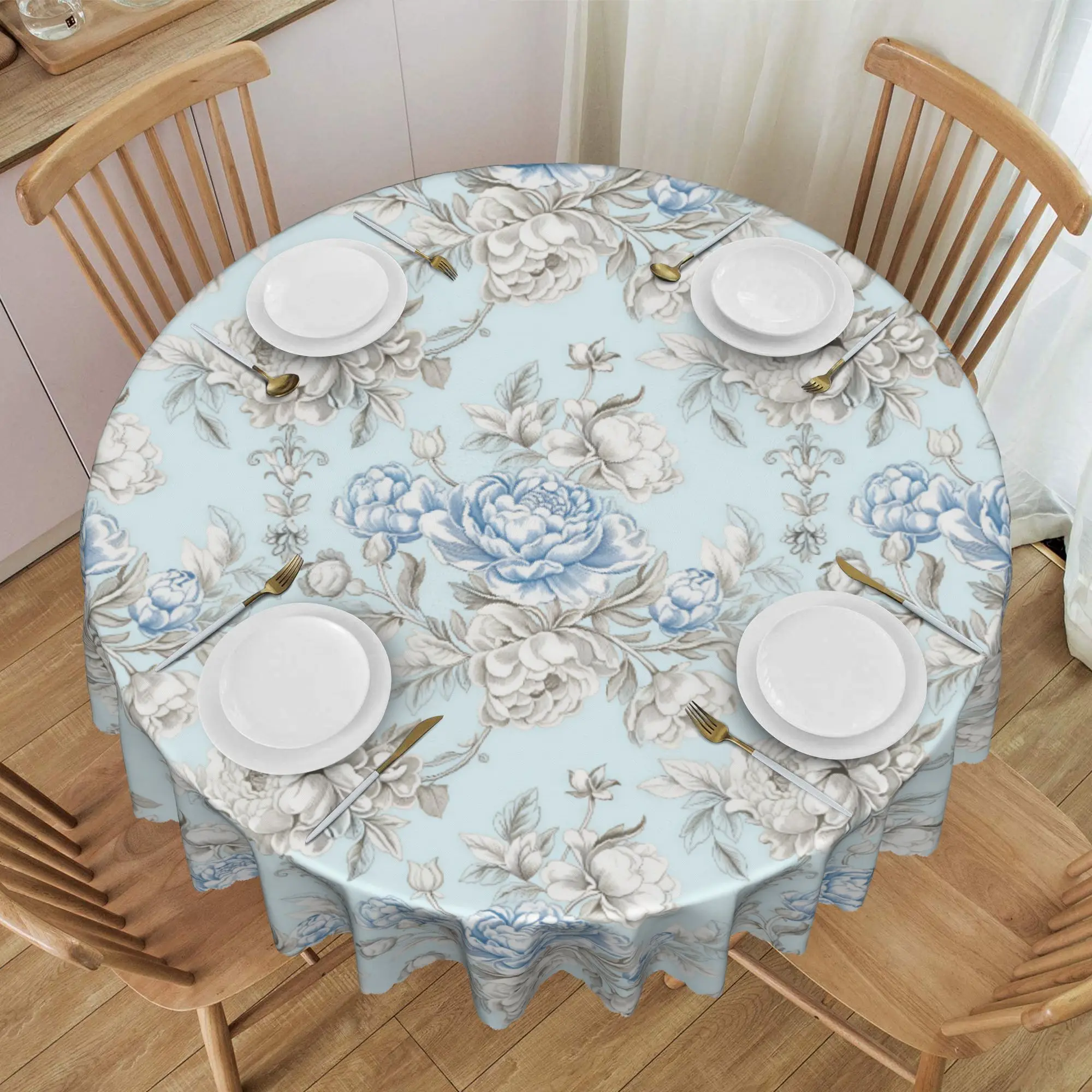 Nappe ronde imperméable vintage Toile De Jouy Peony French pour cuisine, 70 pouces