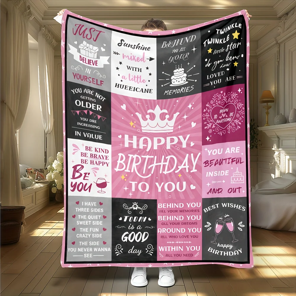 

Women's Birthday Blanket - Birthday Gift for Her, Soft Flannel Throw with Happy Birthday Messages, Pink & Black Accents