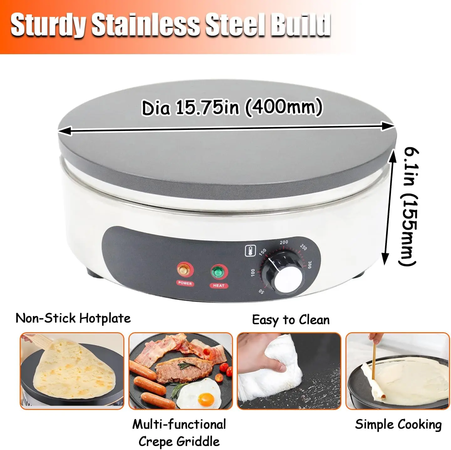 Electric Crepe Maker 16" Non-Stick Pancake Making Machine 110V 2.68HP Flat Plate Crepe Griddle50-300℃ Hot Plate Pancake Machine