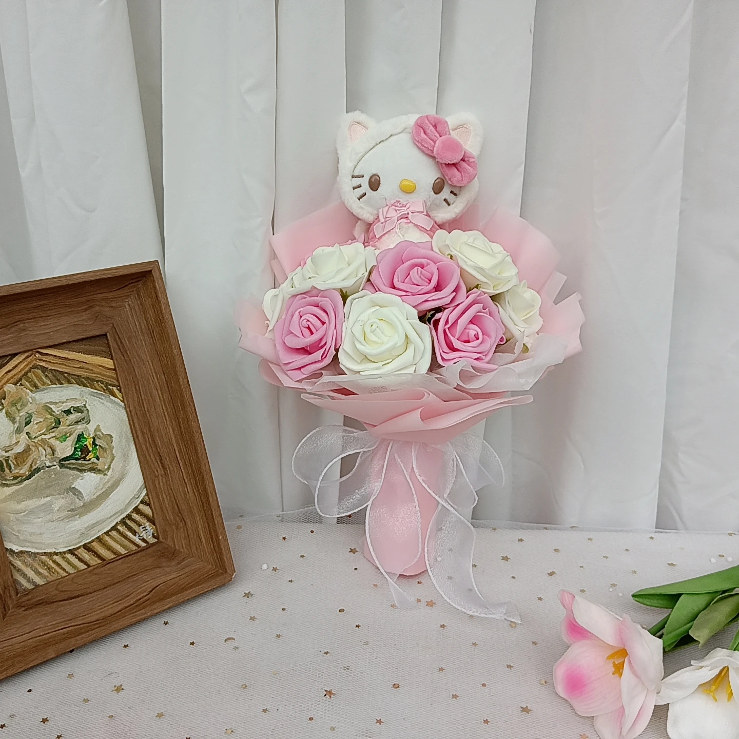 MINISO Kuromi Hello Kitty Plush Bouquet with Rose Anime My Melody Cinnamoroll  Plush Doll Valentine's Day Birthday Christmas Gif