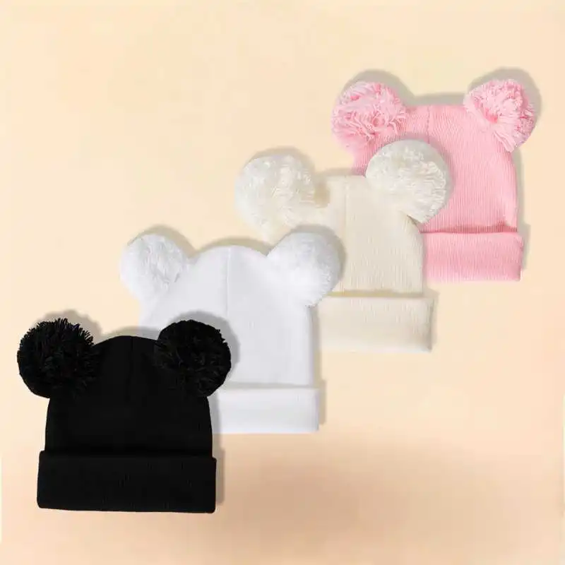 4PC Double Ball Children's solid color 1-6Y cute baby knitted cap Acrylic autumn and winter cap