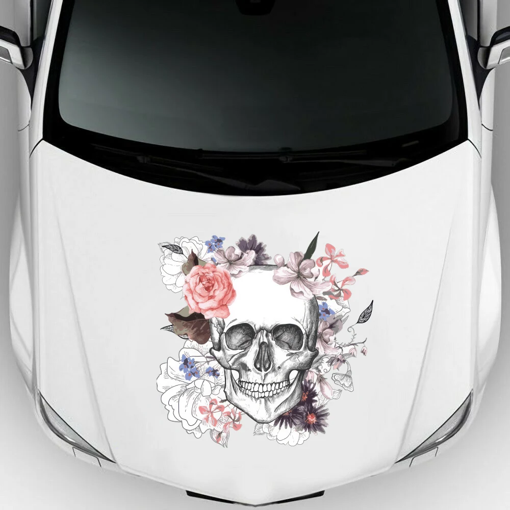 Modern Skull Flower Car Sticker Bumper Hood Bonnet Skeleton Auto Vehicle Decal Windshield Windscreen Decor