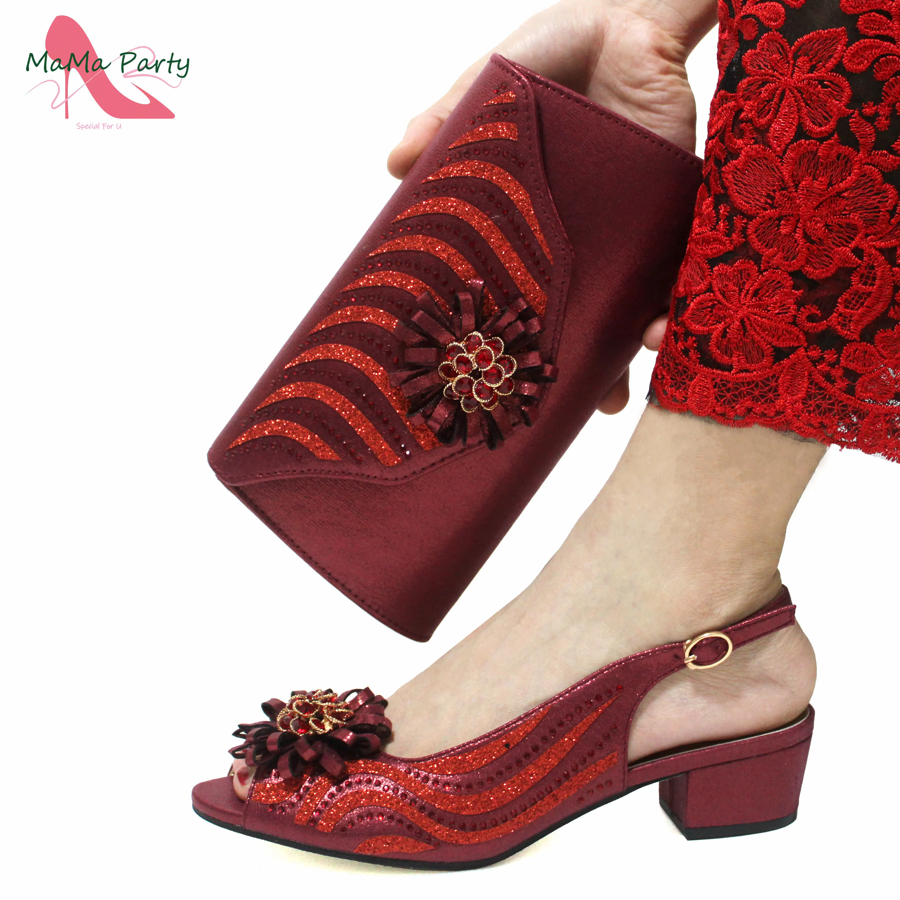 

Low Heels New Arrivals Italian Design Nigerian Women Shoes and Bag Set in Wine Color Comfortable Heels with Appliques for Party