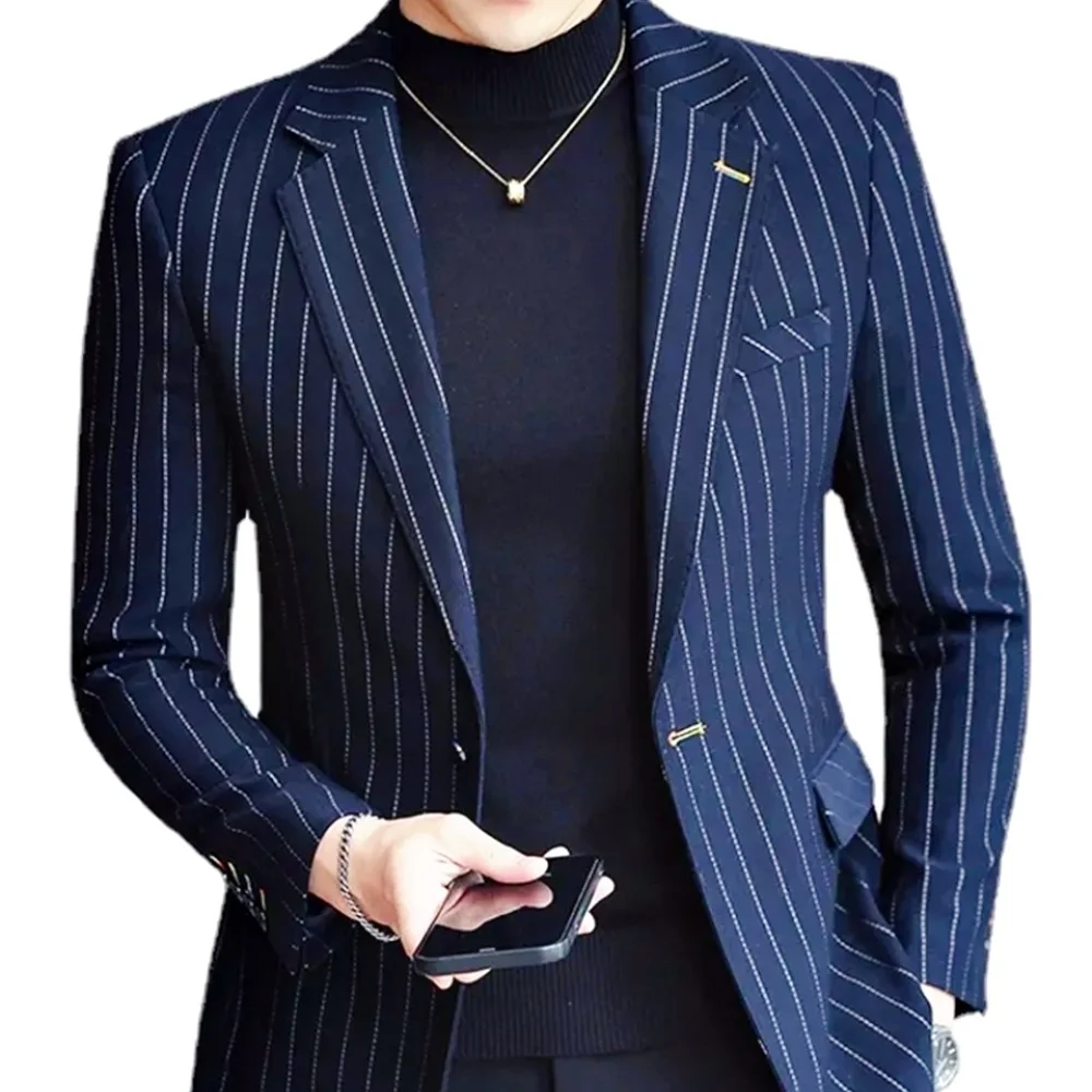 

2026 Men Prom Tuxedo Slim Fit Groom Wedding Suit For Men Custom Blazer Navy blue Stripe 1 Piece Jacket