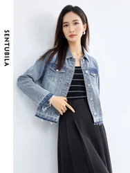 SENTUBILA Cotton 100% Cropped Denim Jacket Women 2024 Spring Simple Lapel Fashion Single Breasted Washed Jean Coat W41W53117