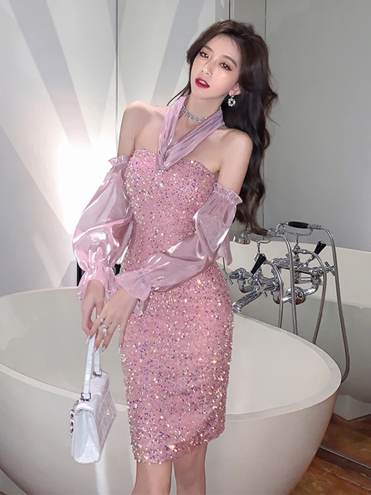 Spring Autumn Women Evening Dress Chic Pink Sweet Sparkly Sequin Sexy Chest Wrapping Slim Midi Party Prom Birthday Mujer Vestido