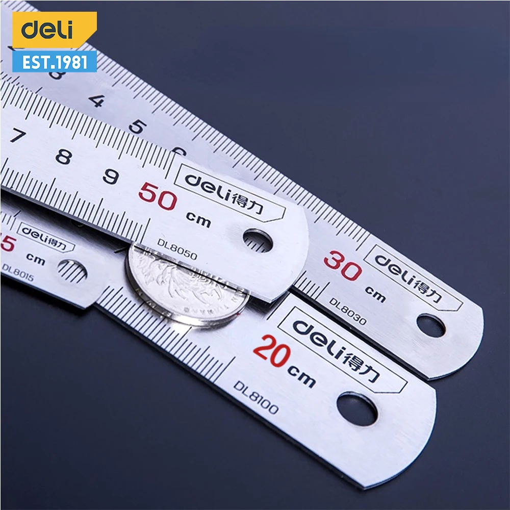 Deli 1 Pcs 15/20/30/50cm Multi-standard Measuring Ruler Stainless Steel Woodworking Portable Hand Percision Measuring Tools