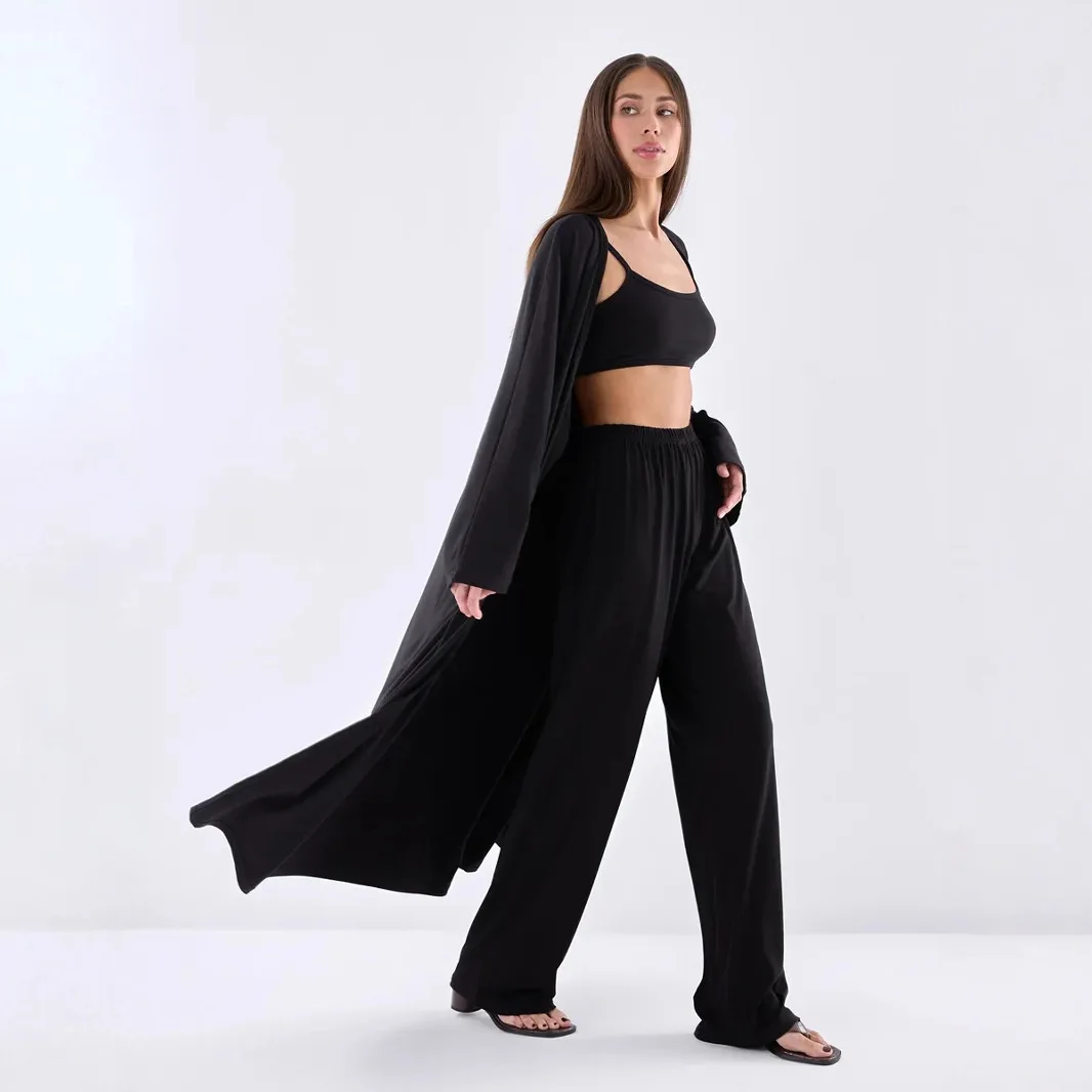 

Fashion Loose Pants Three Piece Suit Spring Women Long Sleeve Cardigan Coat+sleeveless Vest+Wide Leg Pants Autumn Outfit