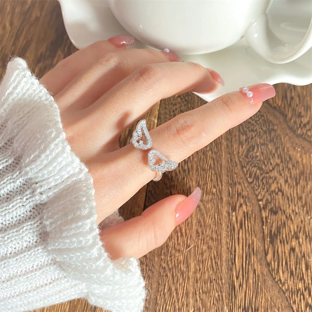 Korean Style Angel Wings Ring Adjustable Rhinestone Finger Rings For Women Silver Color Female Party Birthday Jewelry Gift image 3