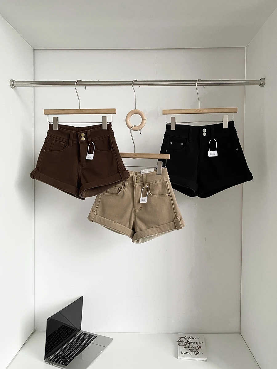 

High Waist Fleece Lined Denim Shorts Simple Stylish Women's Autumn Winter Fashion Korean Retro Versatile A-Line Pants