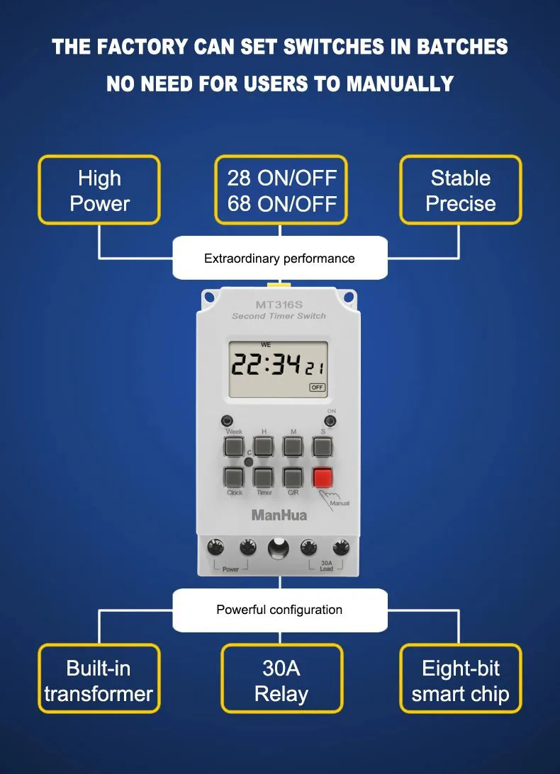 ManHua MT316S Series Daily Weekly Programmable Digital Time Switch Automatic Micro Timer Control Electronics 25A/30A 110V/220V