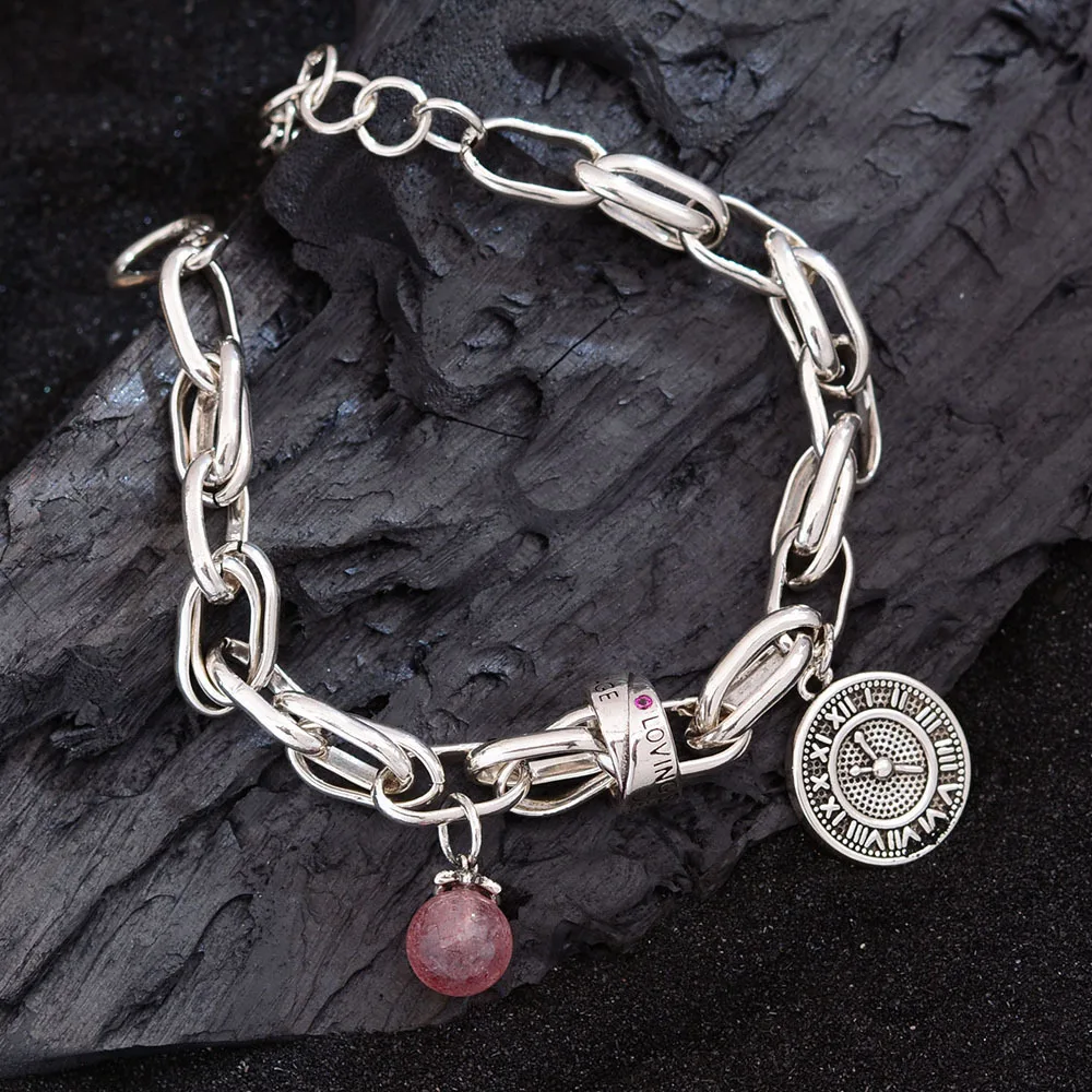 New Arrival Trendy Clock Design Strawberry Quartz & Thai Silver Female Charm Bracelet Promotion Jewelry Christmas Gifts