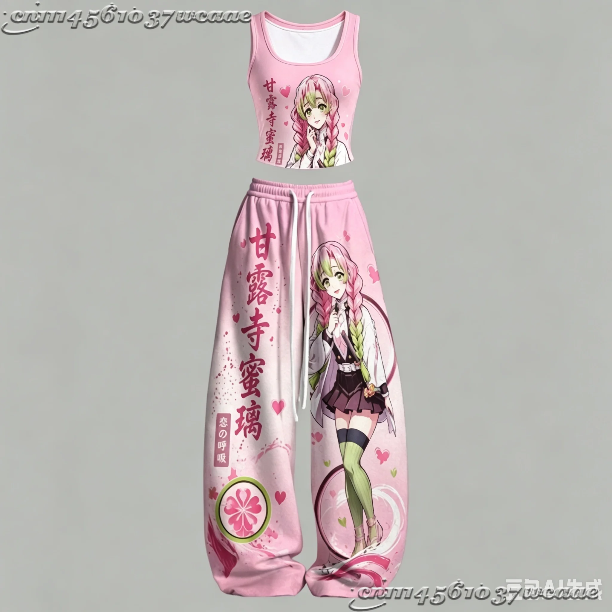 2026 New Universal Tank Top Wide Leg Pants Set Demon Slayer Zenitsu Agatsuma Colorful Anime Print Two Piece Outfit Family Kids