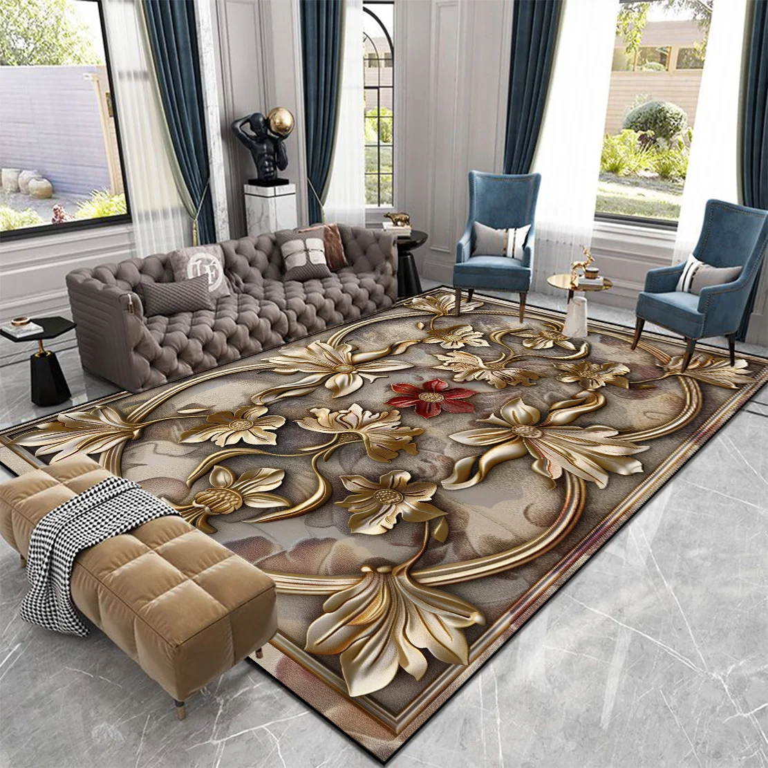 European Style Luxury Large Rugs for Living Room Golden Decoration Home Parlor Sofa Floor Mat Non-slip Washable Rugs for Bedroom