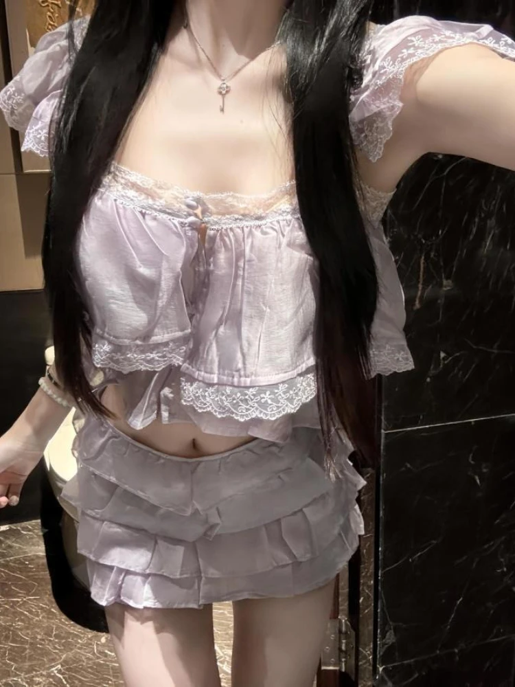 2026 French Sweet Elegant 2 Piece Set Women Lace Design Y2k Square Neck Tops + Cake Skirts Japanese Vintage Casual Chic Outfits view 3