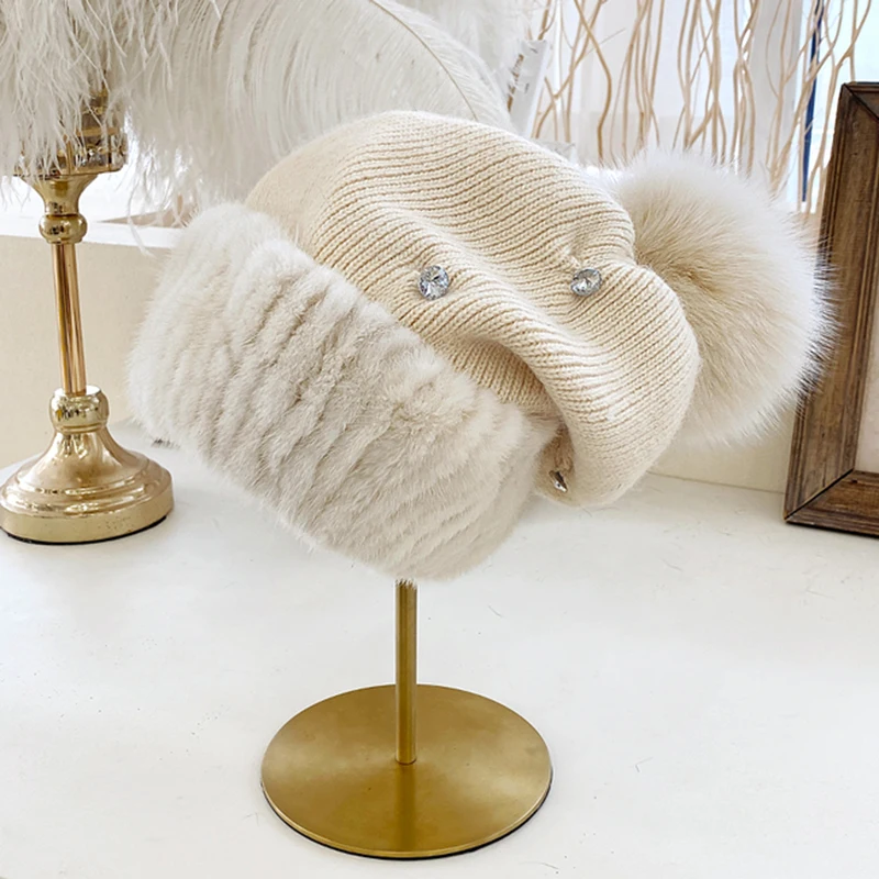 Winter Women Knitted Hats Real Mink Fur Female Wool Caps With Fox Pom Pom Fashion Thick Russian Ski Stripe Skull Beanies