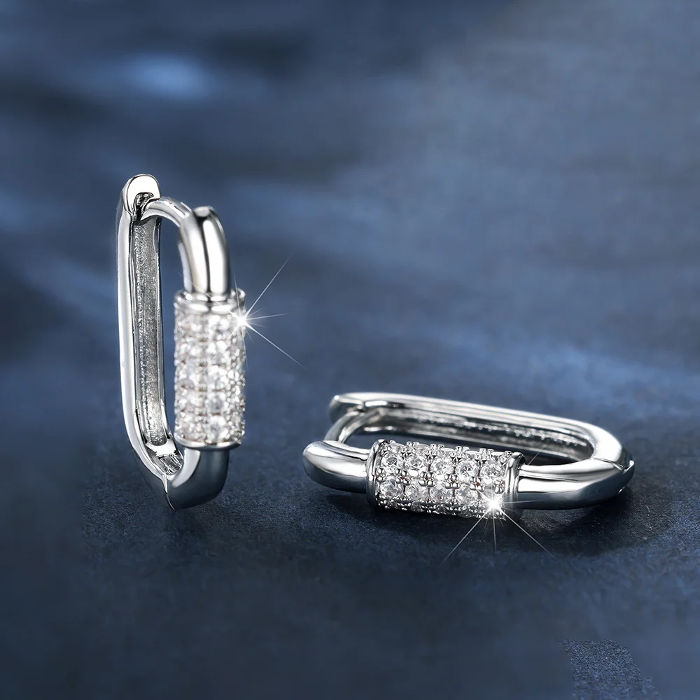 White Zircon Geometric Crystal U Shape Hoop Earrings For Women Vintage Silver Color Small Ear Buckle Wedding Jewelry Party Gifts