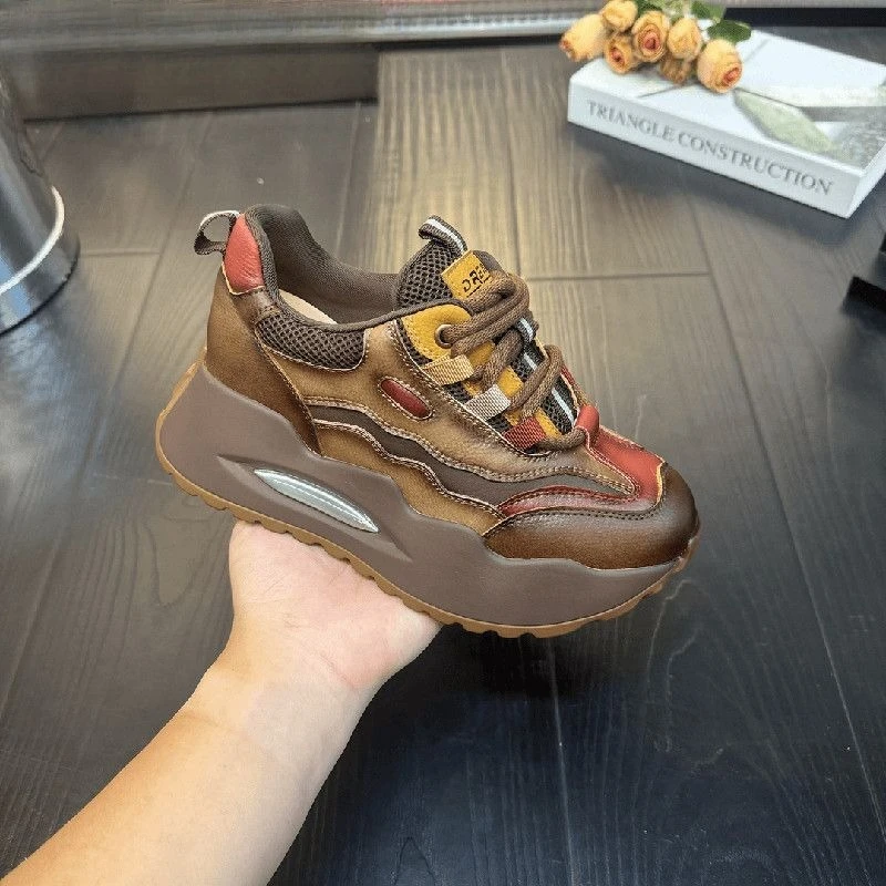 ​2025 Autumn Winter Leather Clunky Sneakers Women's Chunky Thick Sole Retro Sporty Color Blocked Insulated Bestseller​ Shoes