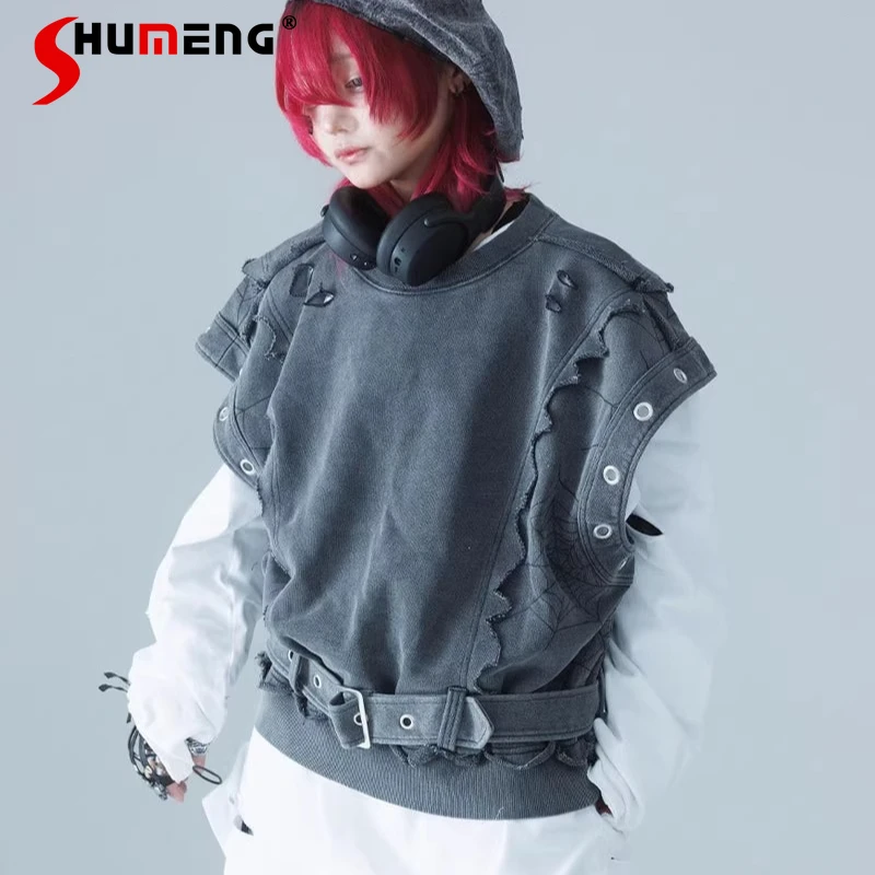 

Japanese Subculture Harajuku Dark Punk Spider Web Hoodies Hot Girl Loose Vest Unisex Style Cool Sweatshirt Waistcoat Y2k Clothes