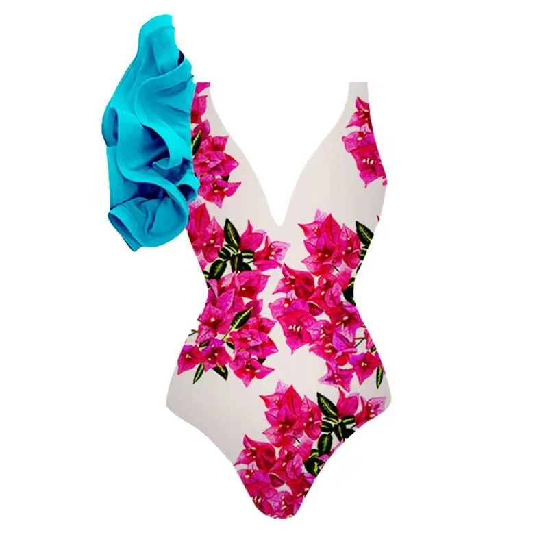 Maillot de bain une pièce imprimé Floral, col en V, à volants, jupe pour femmes, Vintage, vêtements de plage, nouvelle collection été, 2025
