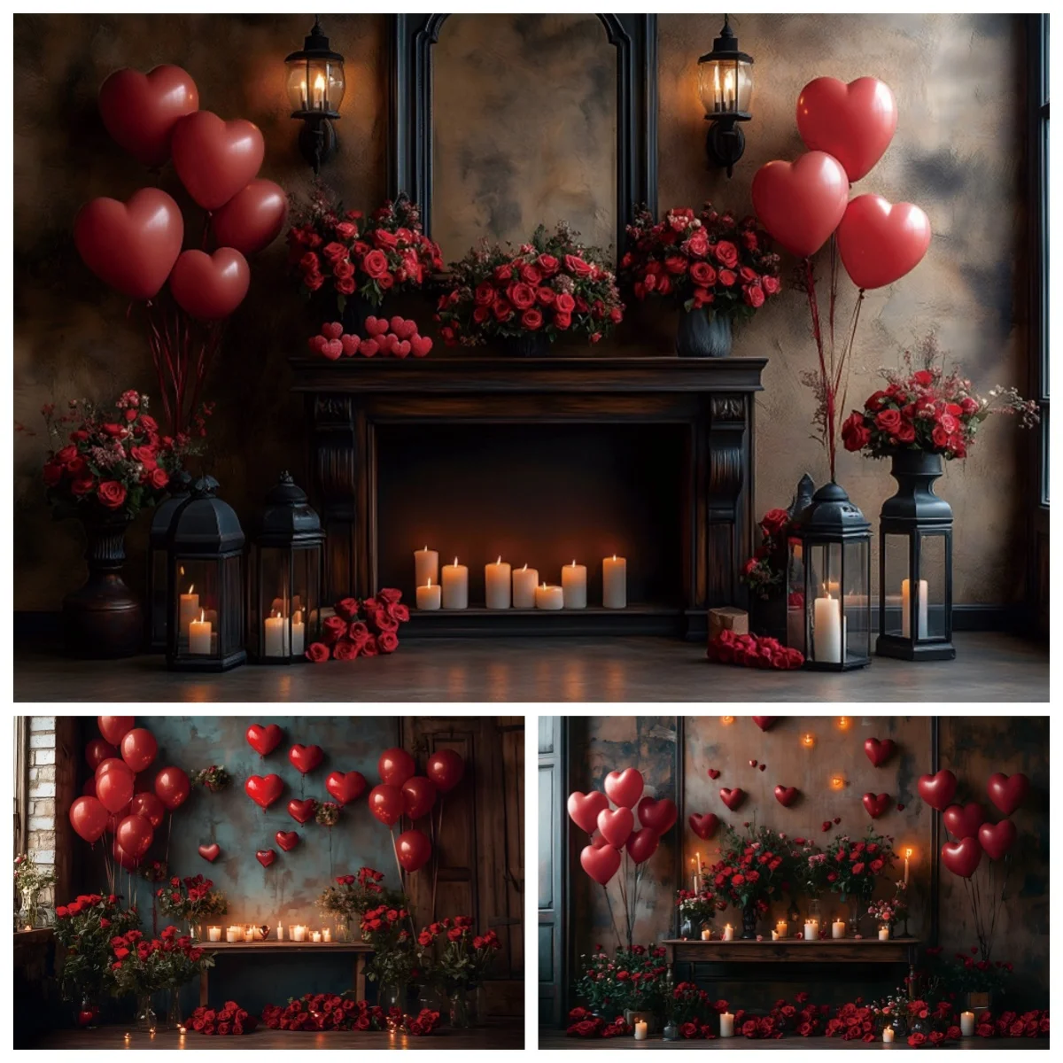 

Happy Valentine's Day Photography Backdrops Sweet Love Heart Balloon Flowers Candles Wedding Bridal Shower Portrait Background