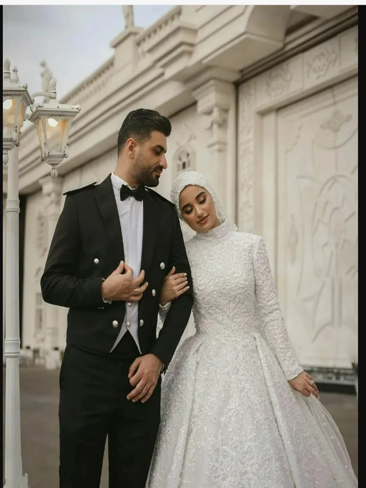 Suknia ślubna w stylu A z wysokim kołnierzem, koronkowymi aplikacjami w stylu muzułmańskim, długimi rękawami, idealna do kościoła, Vestidos De Novia.