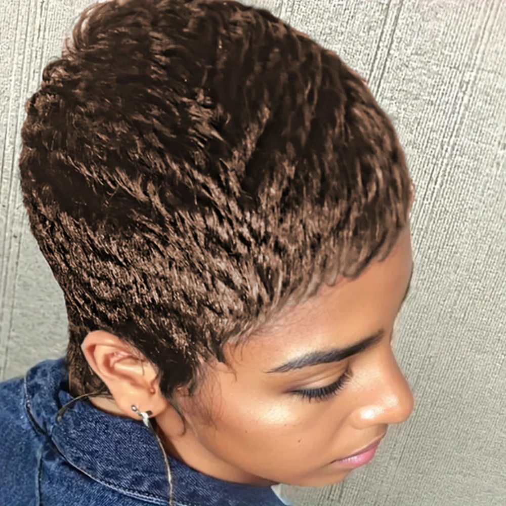 150% Density 4Inch Pixie Cut Curly Wave Human Hair Wig for Women Full Machine Made Wig for Daily Wear and Party