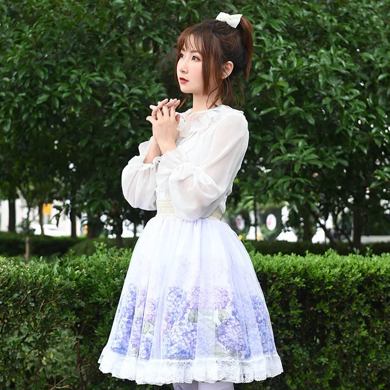 Ainclu Original Japanese Sweet Princess Purple Hydrangea Flower Print Grenadine Lace Pleated Lolita Skirt