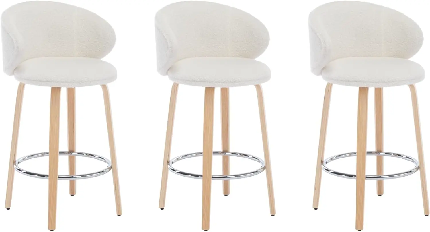 Modern Bar Stools Set of 3, 26 Inch Counter Height , Bar Chairs with Barrel Backrest for Kitchen Island Dining Room, White