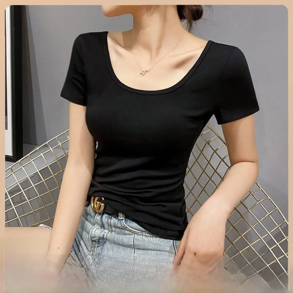 

Women's Black Short-Sleeved T-Shirt U-Neck Slim Fit Bottoming Top for Spring Summer New Large Neckline Low-Neck Design