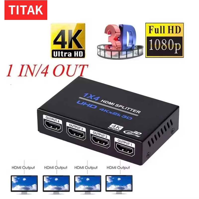 4Kx2K HD 1080P 4K 3D 1X4 HDMI Splitter 1x2 Video Distributor Converter 1 In 2 3 4 Out for PS3 PS4 Camera PC To Monitor Projector