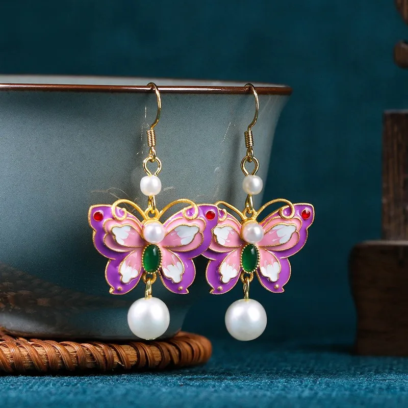 Ethnic Chinese Enamel Butterfly Flower Earrings for Women Retro Design Palace Style Pearl Pendant Luxury Jewelry Fashion Gifts