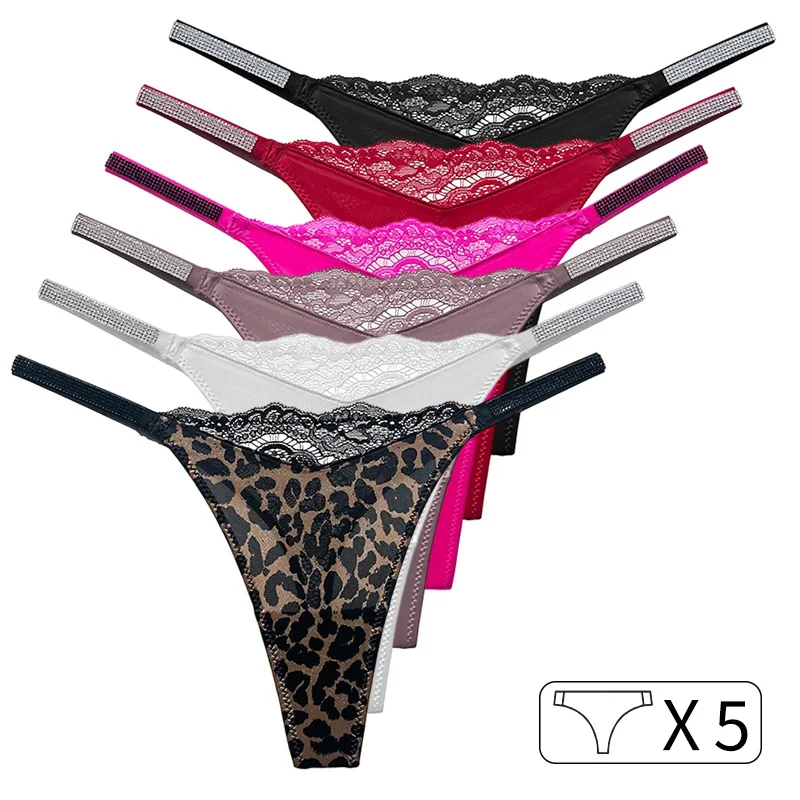 

5 шт., кружевные сексуальные трусики со стразами для девочек и женщин, бесшовное нижнее белье, стринги с надписью, прозрачные стринги, женские трусы с низкой посадкой