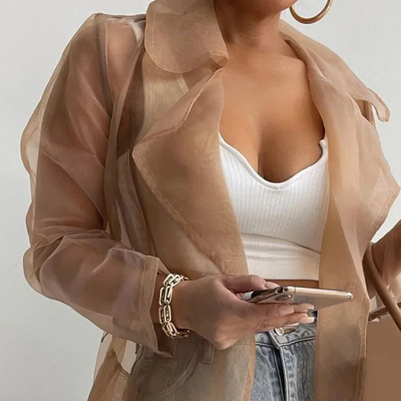 Elegant Shirts Trench Coat for Women Fashion See Through  Lace Up Spring Solid Sheer Mesh Long Sleeve Buttoned Coat with Belt