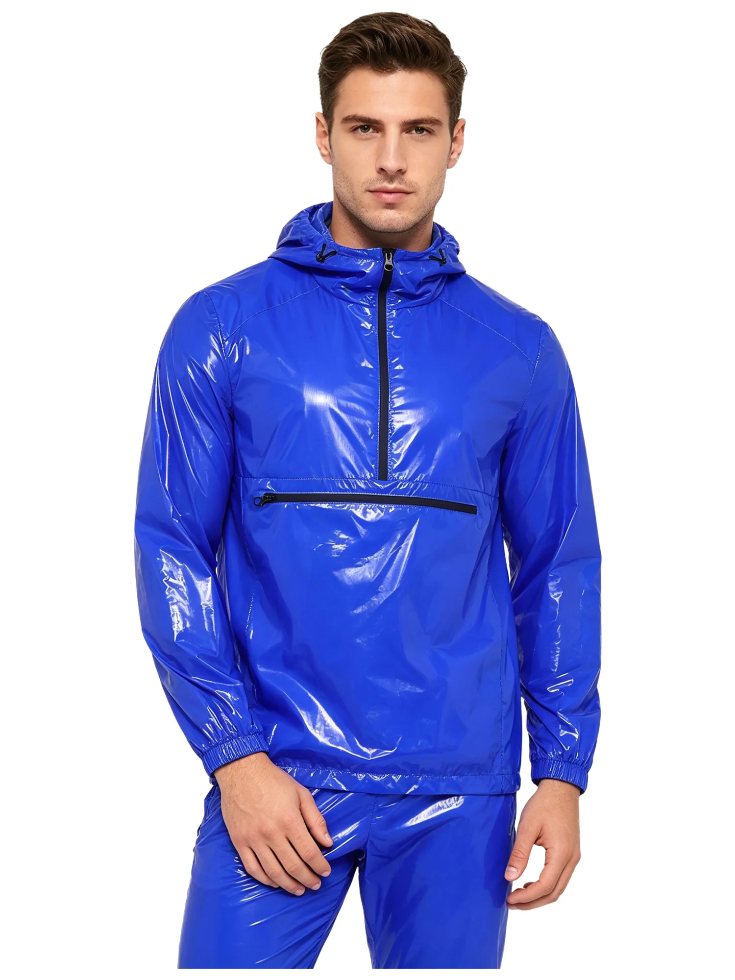 

Mens Waterproof Sweatshirt Hoodie Front Kangaroo Pocket with Zipper Long Sleeve Hooded Windbreaker Raincoat for Hiking Camping