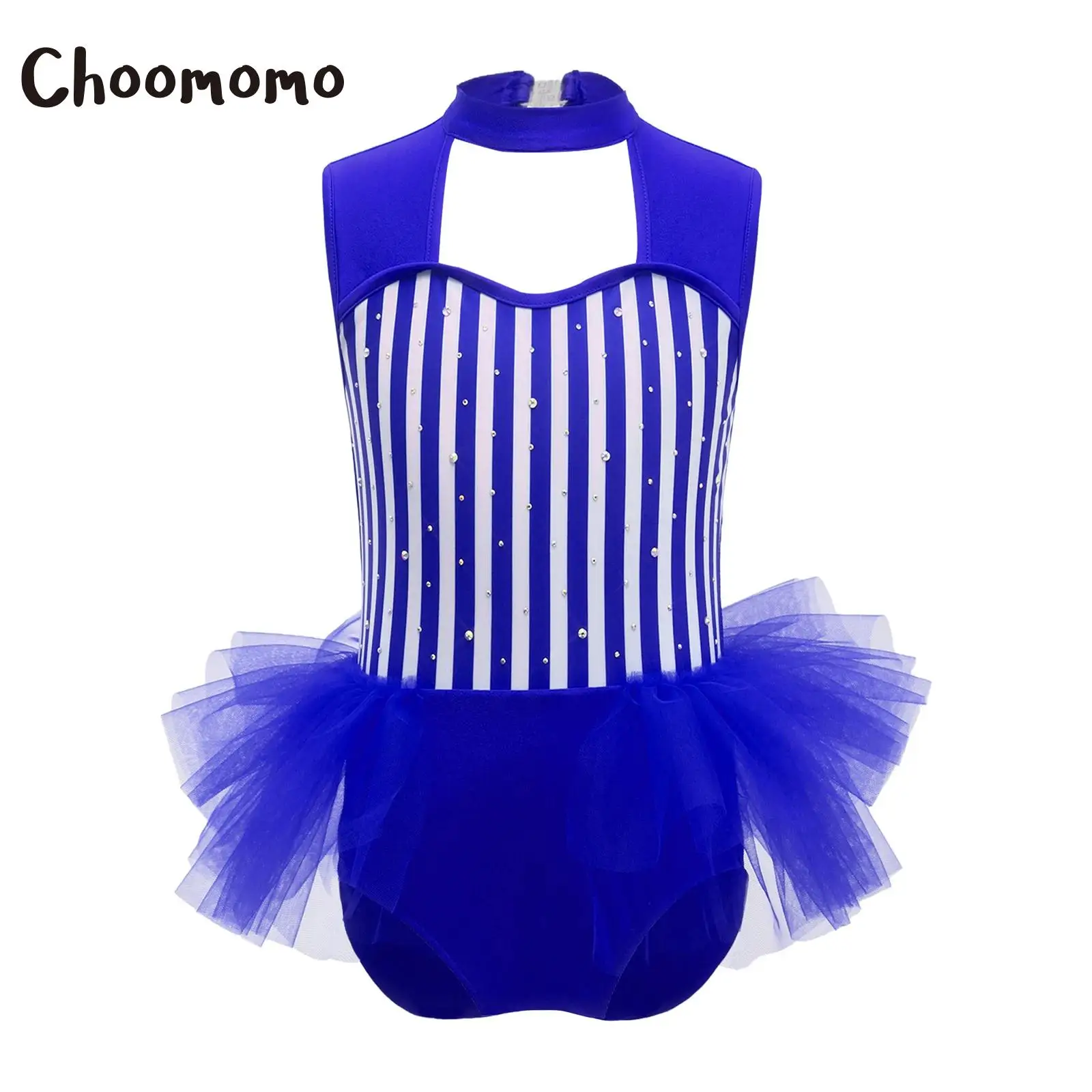 

Girls Circus Ringmaster Costume Stripe Jumpsuit Shiny Rhinestones Gymnastics Ballet Leotards Waist Mesh Ruffled Overlay Bodysuit