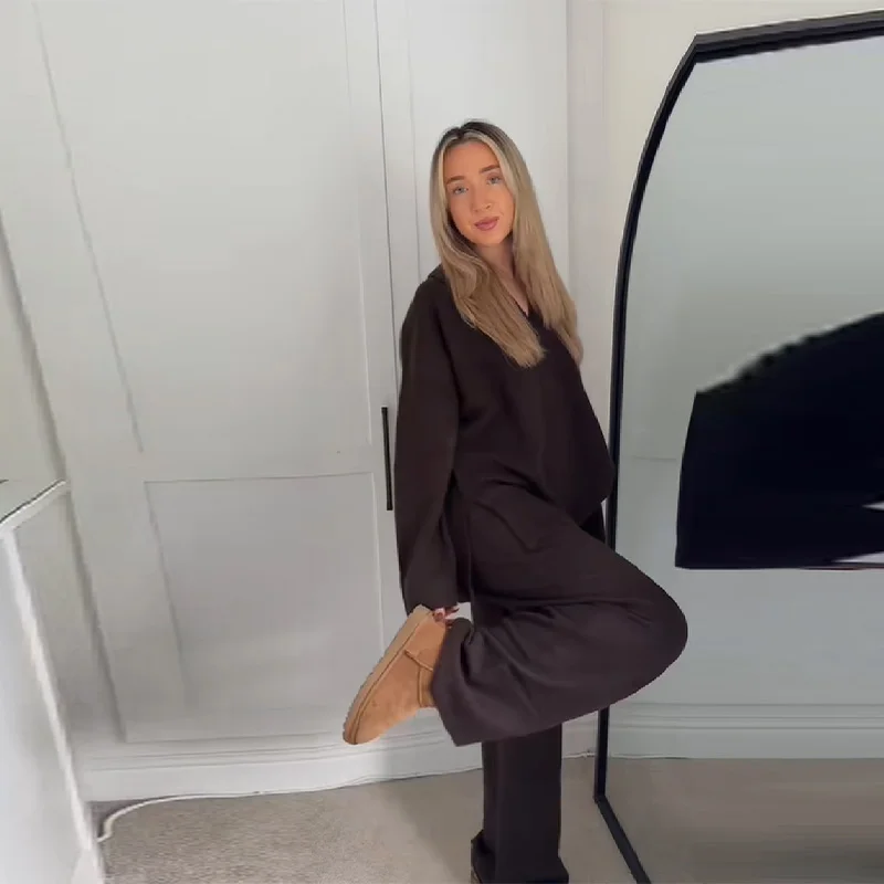 عارضة بسيطة فضفاضة سترة السراويل مجموعة بلون الرجعية تنوعا مريحة الشارع الشهير أعلى السراويل التنقل الزي النسائي