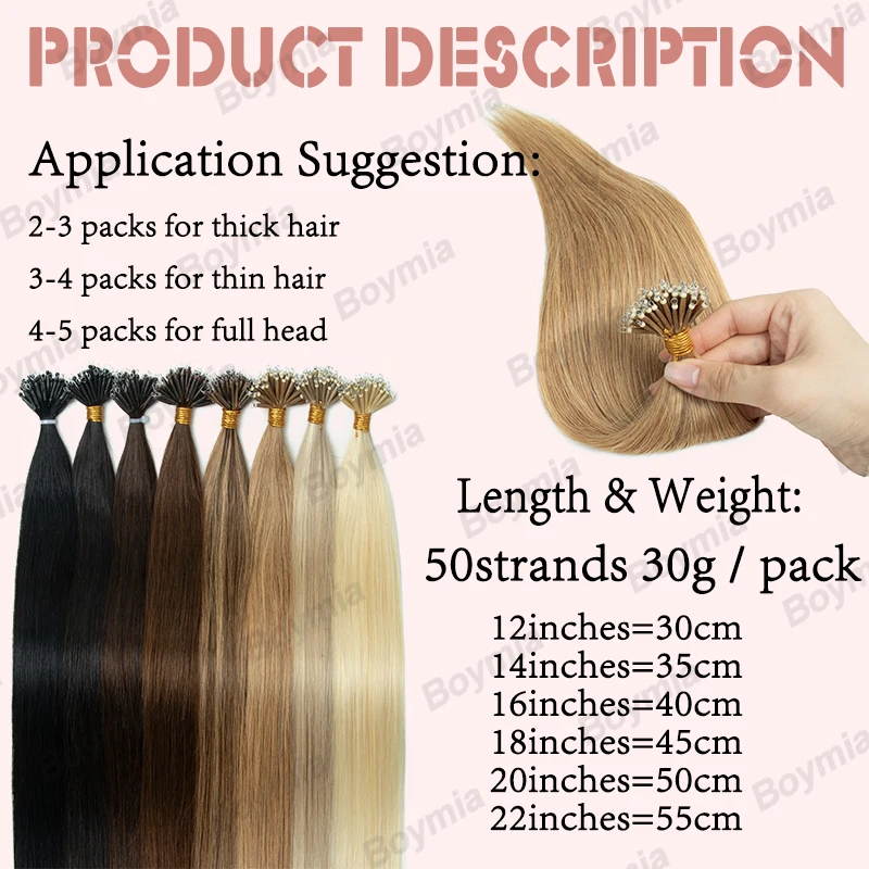 BOYMIA Nano Bead Hair Extensions Human Hair 12-22 Inch Nano Ring Extensions Natural Black Remy Real Human Hair Silky Soft 30G