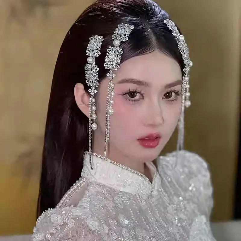 Full Rhinestones Imitation Pearls Long Tassel Ethnic Style Duckbill Hair Clips Bride\'s Wedding Headwear for Women New in 2026